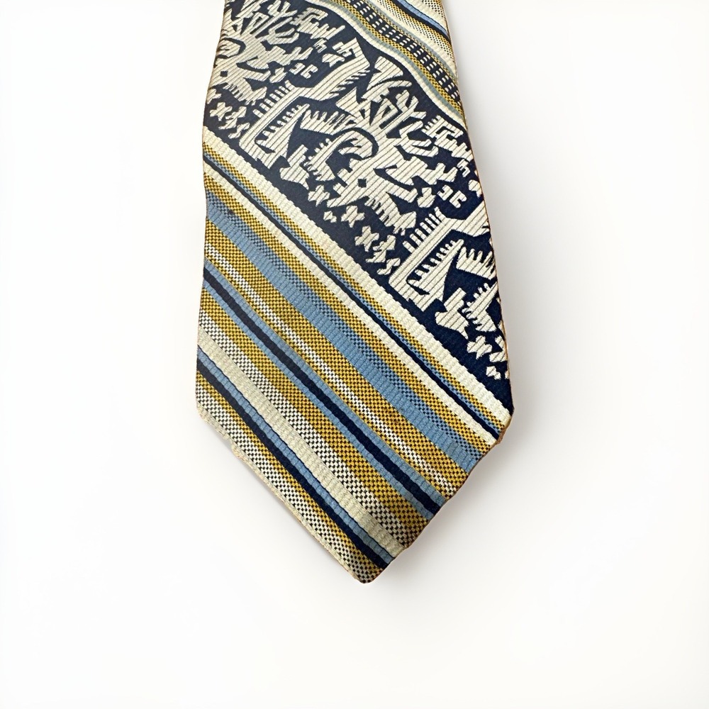 Vintage Men's Tribal Striped Necktie Navy White Light Blue Gold One Size 1970's